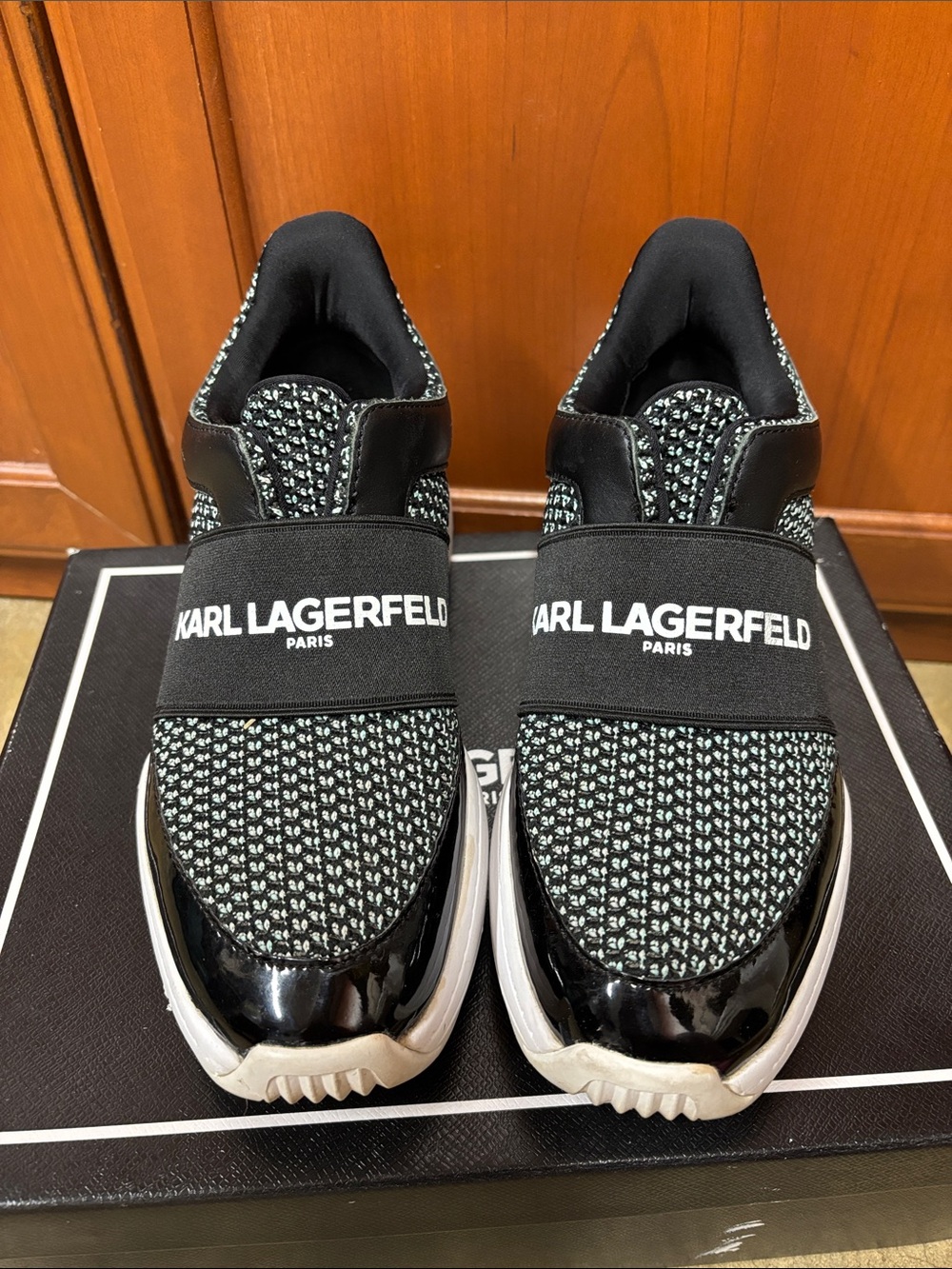 Karl Lagerfeld Black & White Slip-On Knit Sneakers